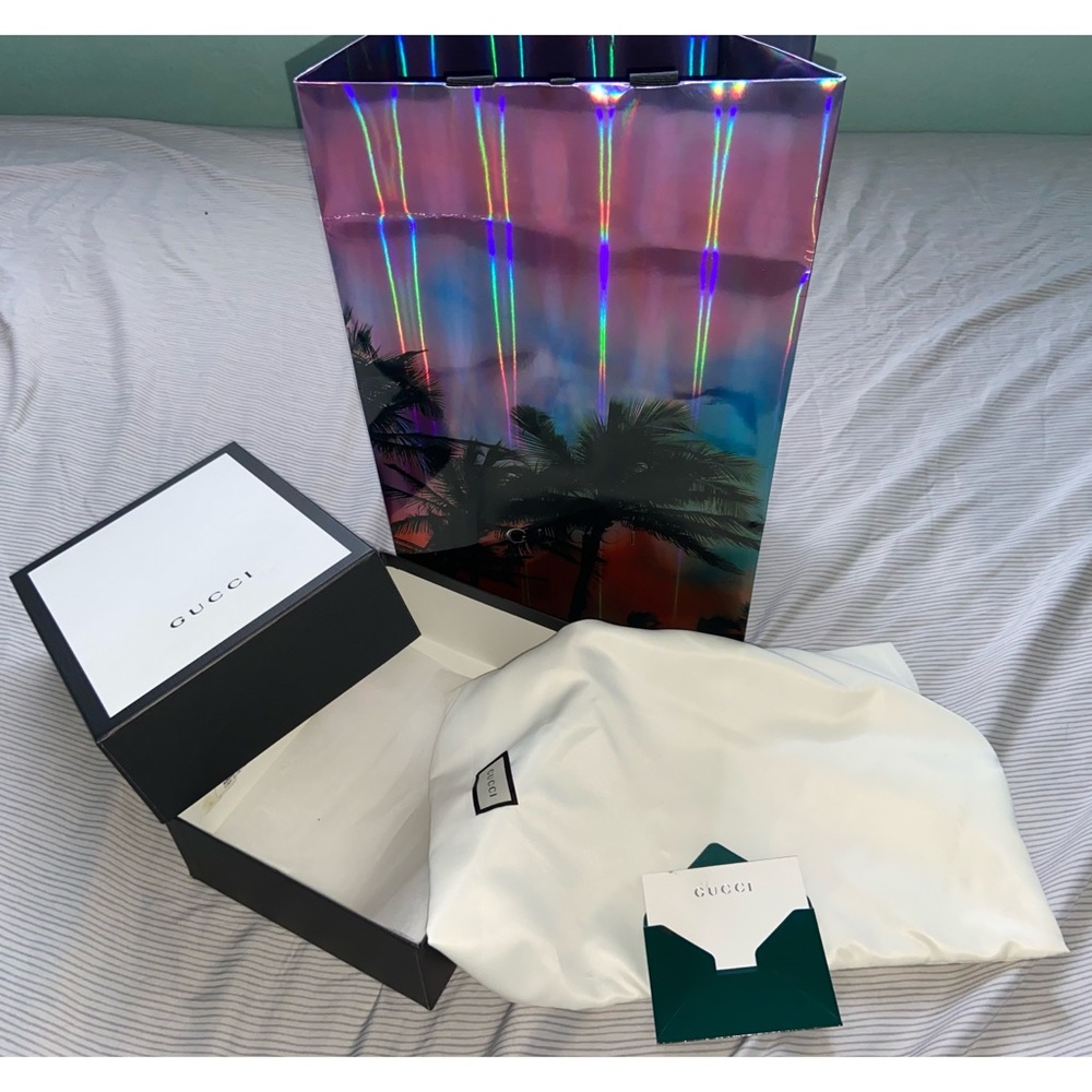 Gucci shopping bag, Gucci duster, Gucci box